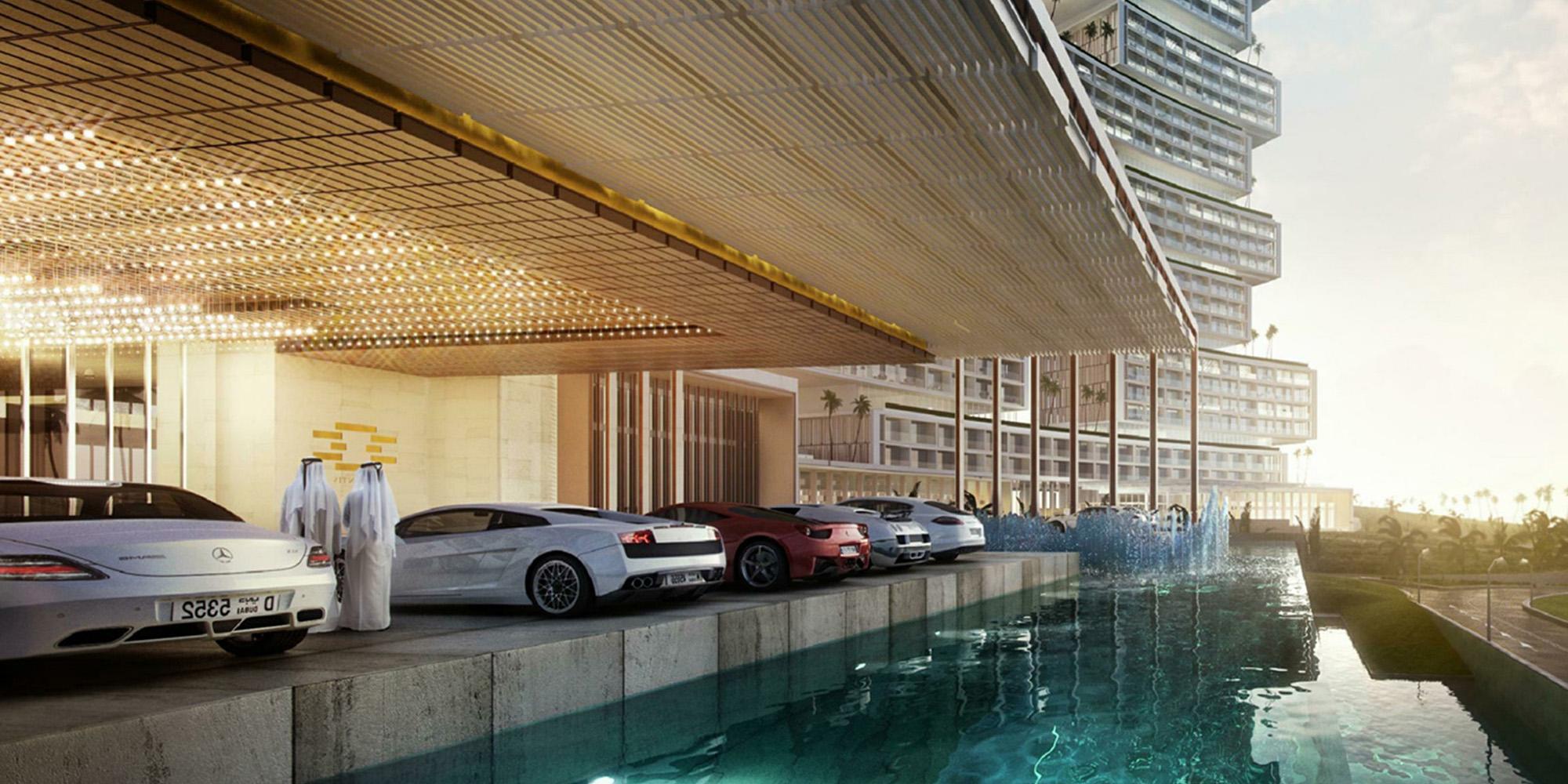 Rendering of exotic cars parked at The Royal Atlantis